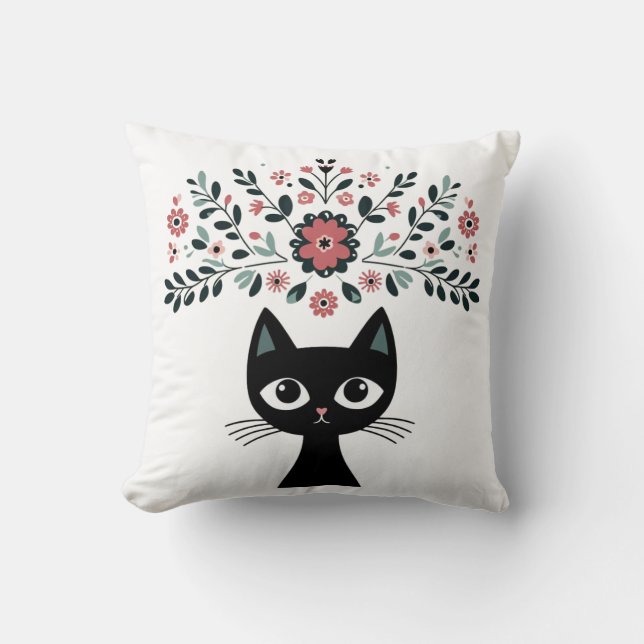 Coussin Art populaire Chat noir et fleurs (Recto)