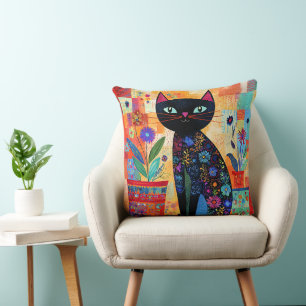 Coussin Art populaire de chat noir (plantes en pot)