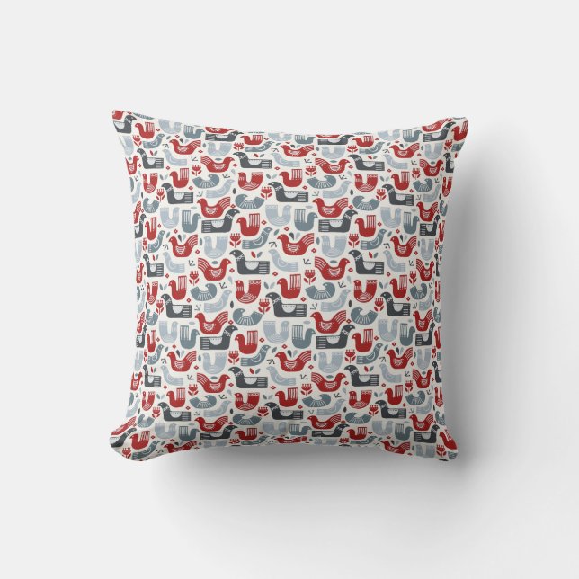 Coussin Art Populaire Nordique Oiseaux Et Fleurs Bleus Rou (Recto)