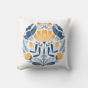 Coussin Art populaire ornement rond avec oiseaux, roses et