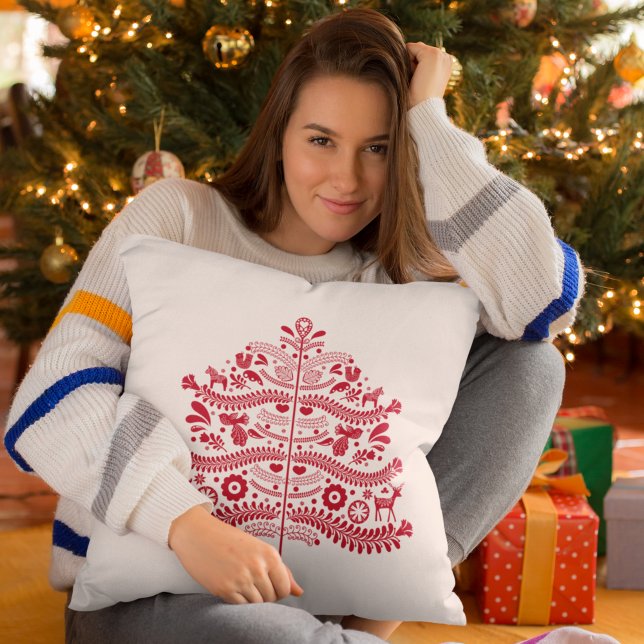Coussin Art populaire scandinave rouge Arbre de Noël nordi (Créateur téléchargé)