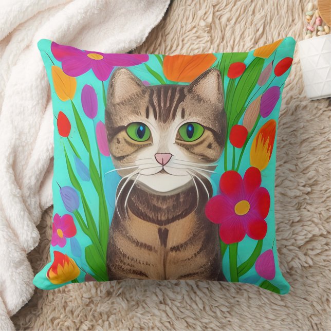 Coussin Art populaire Style Whimsical Chat et Fleurs (Couverture)