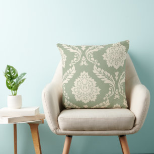 Coussin Art Rococo Damassé I Crème sur Vert