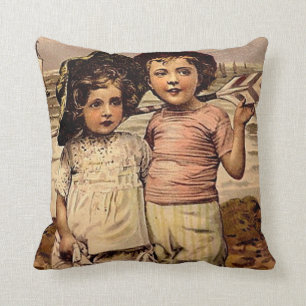 Coussin Art vintage de carte postale de plage victorienne