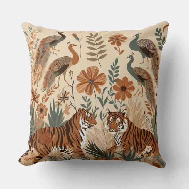 Coussin arte exótico de tigres y pavos  floral bohemio (Recto)