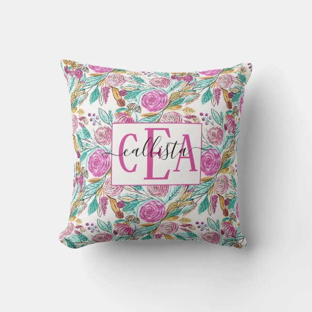 Coussin Artsy Elegant rose Turquoise Aquarelle Florale Mon (Recto)