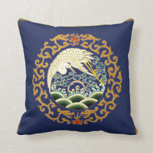 Coussin asiatique d'art d'oiseau dans le bleu