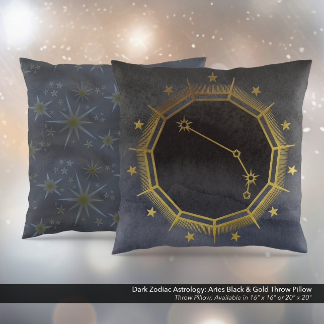Coussin Astrologie Zodiaque foncée : Bélier Noir & Or (Dark Zodiac Astrology: Aries Black & Gold Square Throw Pillow)