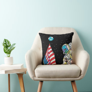 Coussin Astronaute d'Apollo avec Drapeau et Terre Pop Art