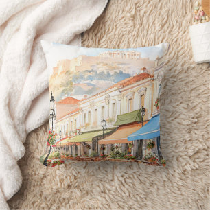 Coussin Athènes charmant Grèce Rue Aquarelle
