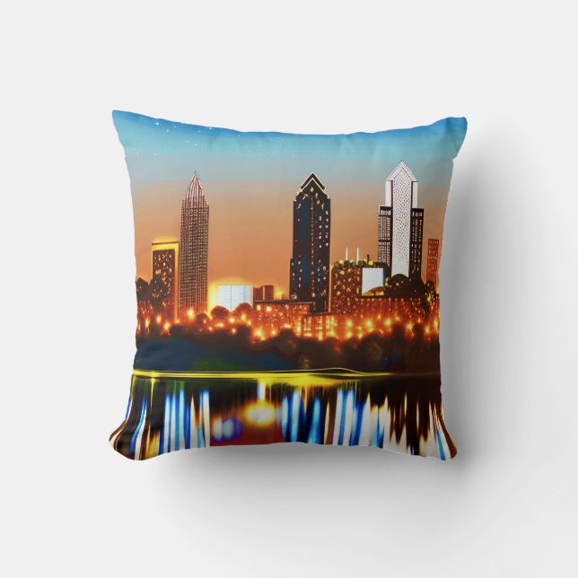 Coussin Atlanta Skyline par nuit avec réflexions (Recto)