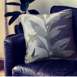 Coussin Aubergine Gris & Ivoire Abstrait Artistique Aquare