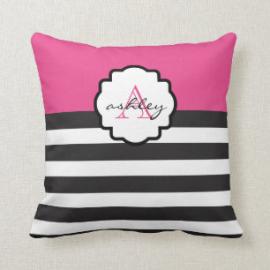Coussin audacieux de monogramme de rayure de rose