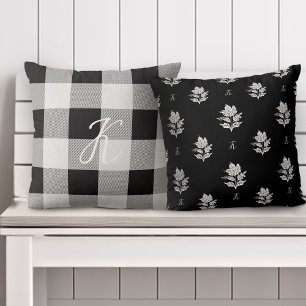 Coussin Autumn Fall Folig Custom Monogramme & Black Plaid