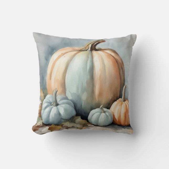 Coussin Autumnel Pastel Bleu Aquarelle Citrouille (Recto)