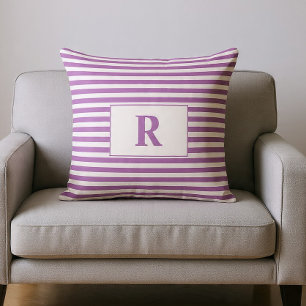 Coussin avec monogramme rayures lilas clair/blanc