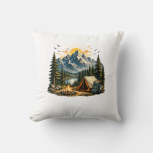 Coussin Aventure de camping en montagne Coucher de soleil