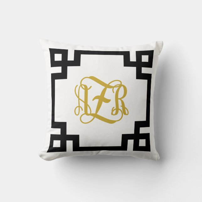 Coussin AZR Noir et or Grèce Clé de script Monogramme (Recto)
