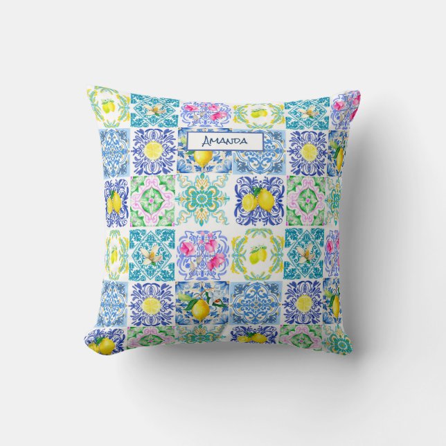 Coussin azulejo chic sicilien Amalfi Carreaux méditerranée (Recto)