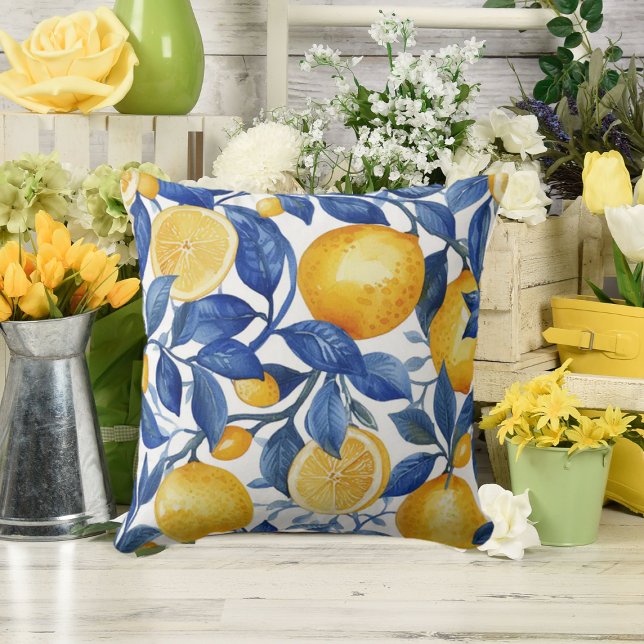Coussin Azulejo Lemons Feuilles bleus #1 (Créateur téléchargé)