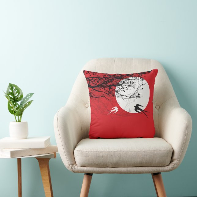 Coussin B&W Oriental Swallows Branches d'arbre de lune (Chaise)