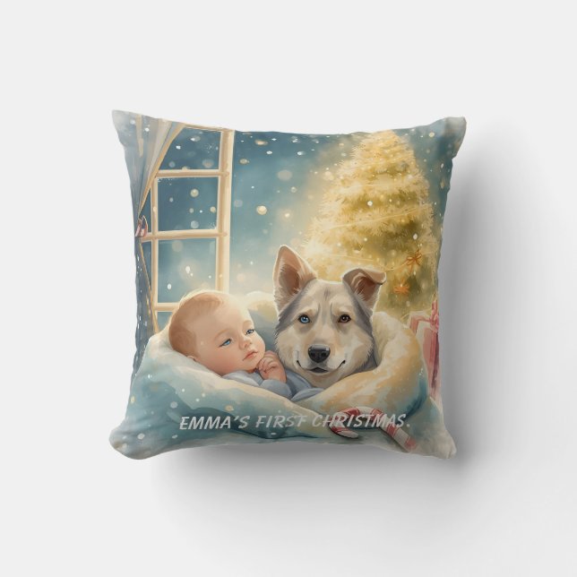 Coussin Baby & Blue-Eyed Pup Christmas Pillow (Recto)