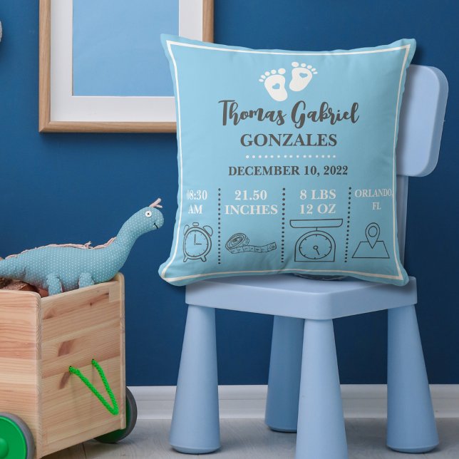 Coussin Baby Boy Blue Feet New Born Faire-part de naissanc (Powder Blue Baby Stats Baby Announcement Throw Pillow)