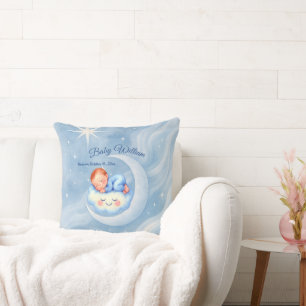 Coussin Baby Boy Douche Invitation Lune Étoiles Aquarelle