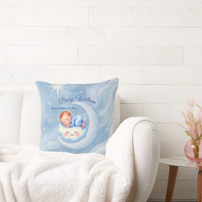 Coussin Baby Boy Douche Invitation Lune Étoiles Aquarelle (Canapé)