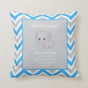 Coussin Baby Boy Elephant Chevron Stats de naissance Keeps