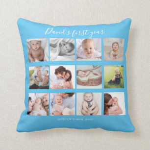 Coussin Baby Boy First Year Photo Collage Gift Blue