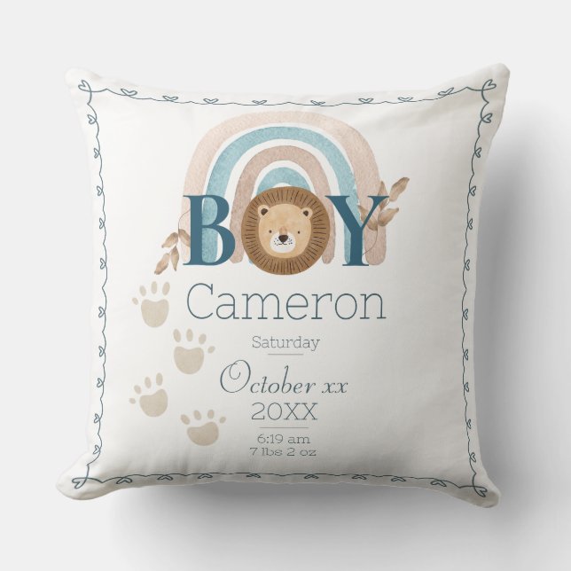 Coussin Baby Boy Lion Personnalisé Nom et Détails de naiss (Recto)