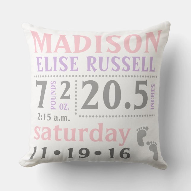 Coussin Baby Girl Birth Stats faire-part typographie (Recto)