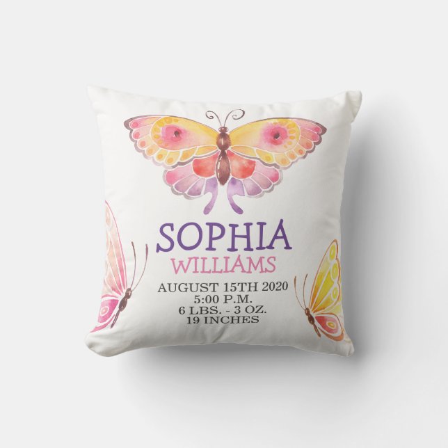 Coussin Baby Girl Birth Stats Gold Cute Butterfly (Recto)