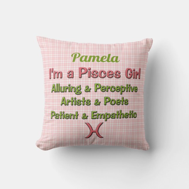 Coussin Baby Girl Pisces Zodiac Pink et Green Checks Nom (Recto)