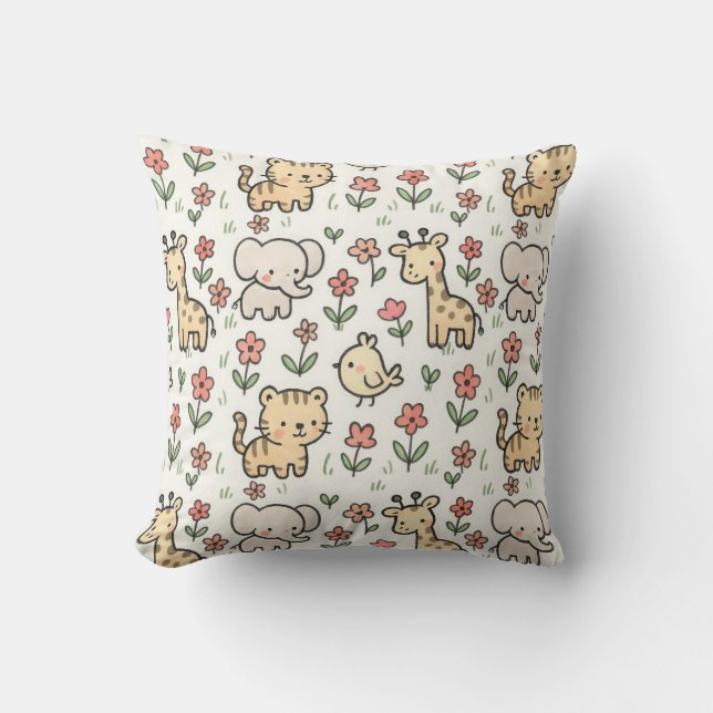 Coussin Baby Safari Faune Avec Fleurs De Doodle (Recto)