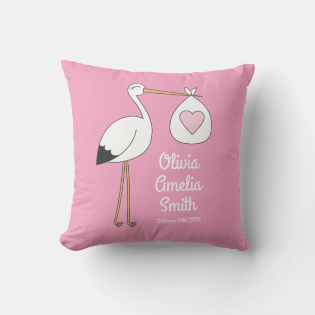 Coussin Baby shower de cigogne fille rose (Recto)