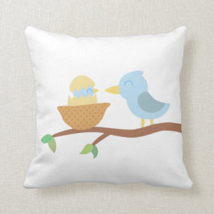 Coussin Baby Shower : Joli oiseau bleu avec bébé nouvellem