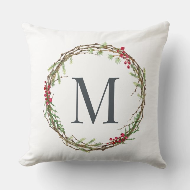Coussin Baies vertes d'hiver rustiques Monogramme Wreath (Recto)