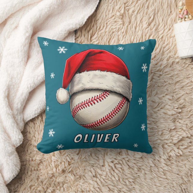 Coussin Bal de baseball Red Santa Chapeau Snowflakes Nom (Couverture)