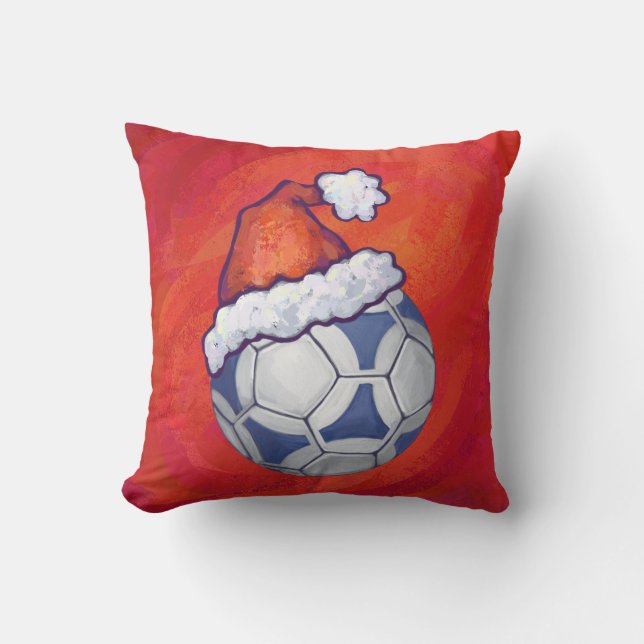 Coussin Bal de soccer bleu et blanc sur rouge (Recto)
