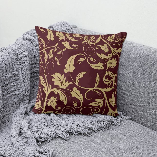 Coussin Balayage à feuilles rétro or de Bourgogne (Créateur téléchargé)