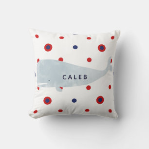 Coussin Baleine aquarelle grise marine nom rouge bleu