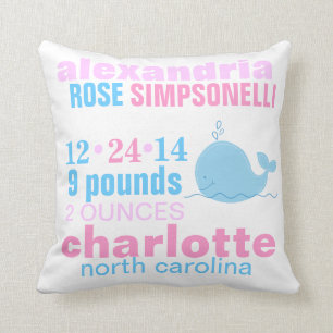 Coussin Baleine bleue avec Faire-part de naissance Zag ros