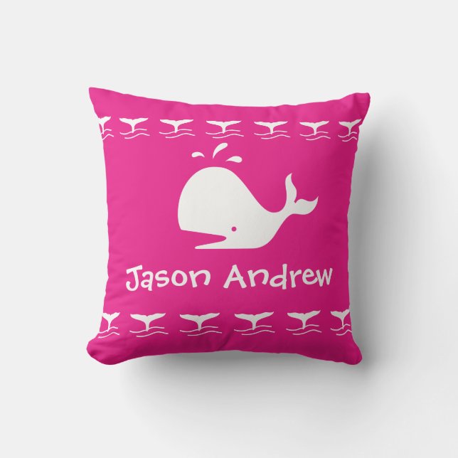 Coussin Baleine de dessin blanc Bébé personnalisé rose vif (Recto)