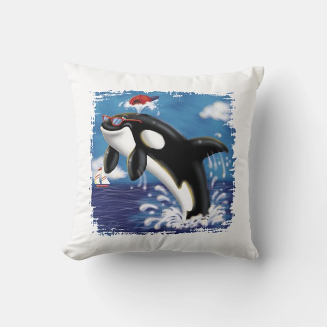 Coussin Baleine joueuse - Art Océan amusant pour enfants B (Recto)