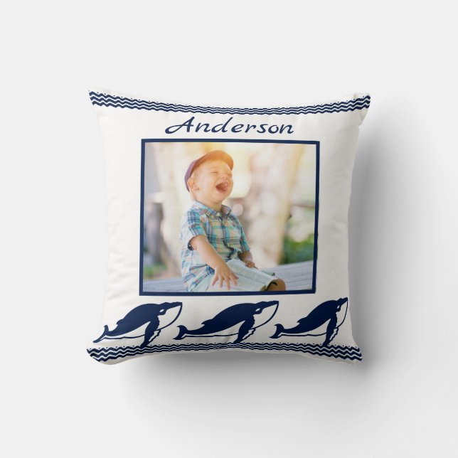 Coussin Baleines mignonnes vagues Blue Nautical Photo Fram (Recto)