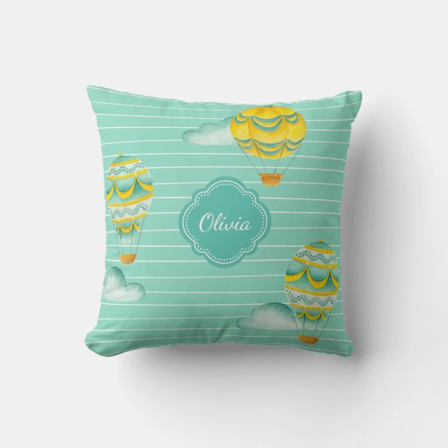 Coussin Ballons à air chaud jaune et aqua avec nom d'enfan (Recto)
