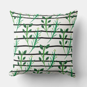 Coussin Bandes adorables noir blanc vert feuilles modernes