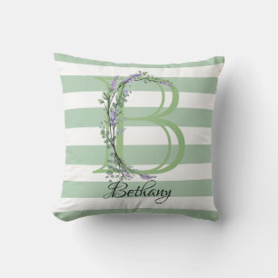 Coussin Bandes blanches vert sauge molle lettre B